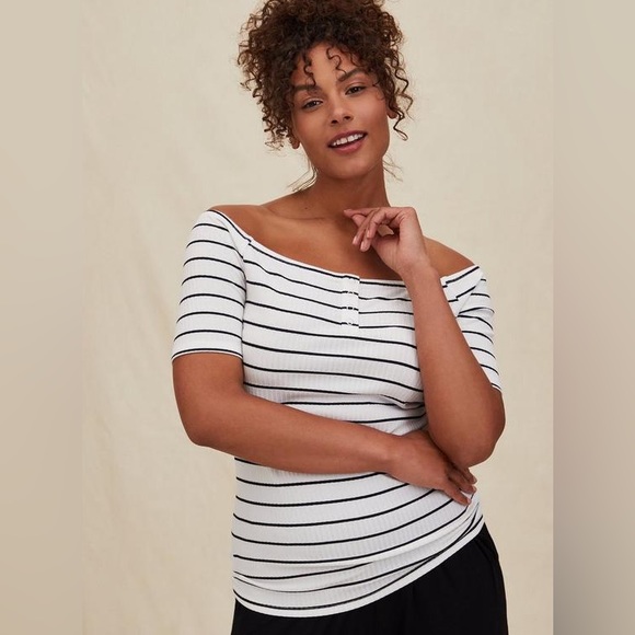 torrid Tops - TORRID 1 Plus Size White Black Stripe Ribbed Off-Shoulder Henley Short Sleeve 1X